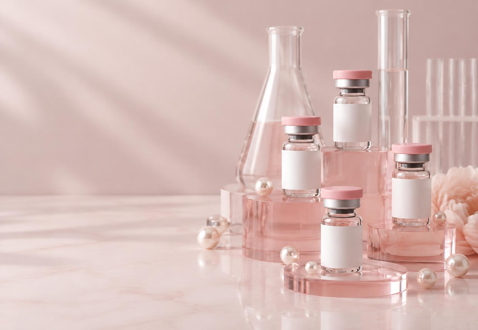 Research vials with lab glassware and pearls